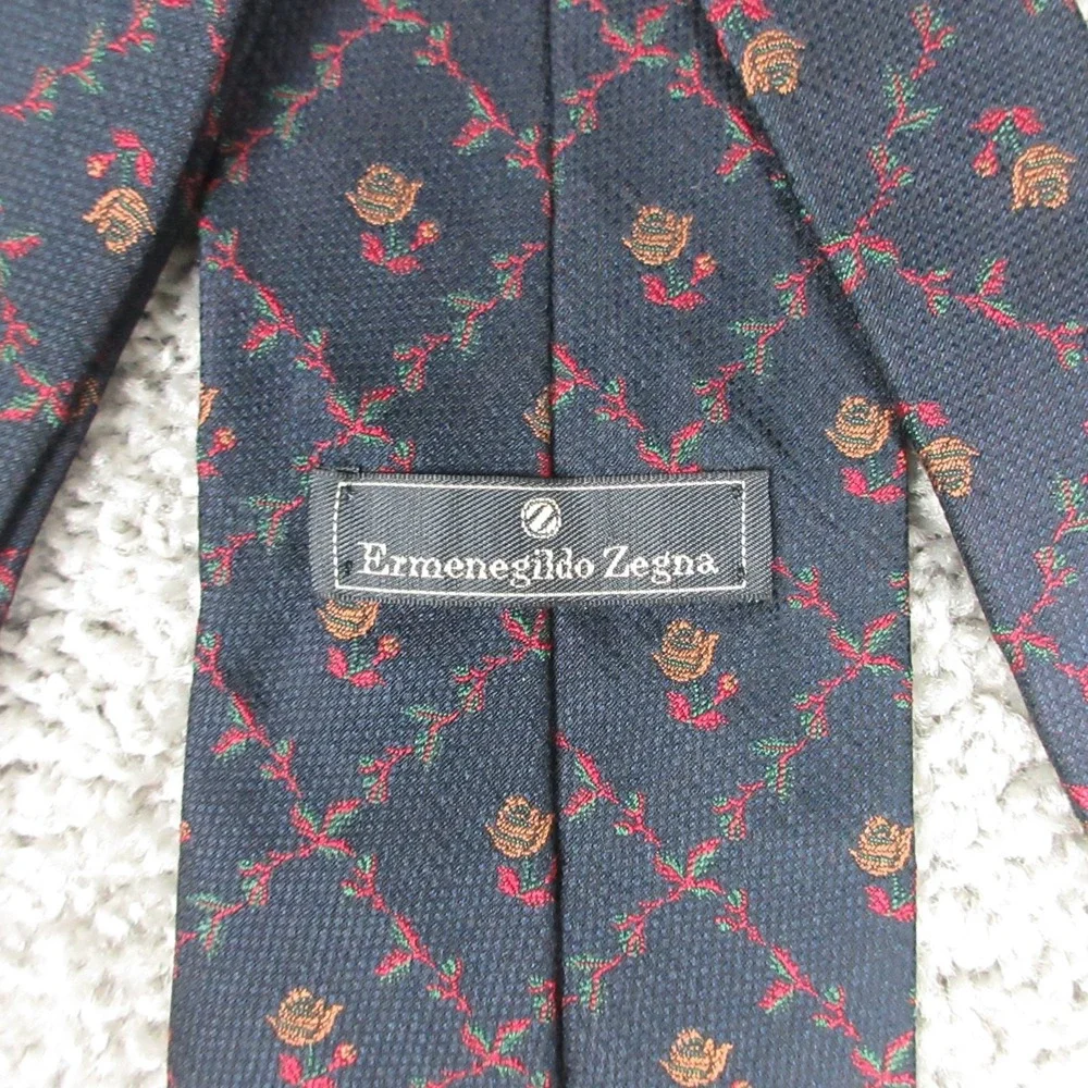 Ermenegildo Zegna Tie‎ Mens Navy Blue Floral Printed Silk Necktie Pointed EUC